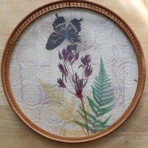 VINTAGE 1970 BAMBOO SERVING TRAY PRESSED BUTTERFLY FERN ON LACE